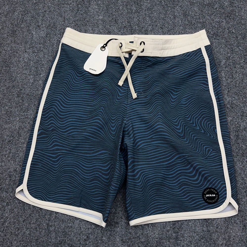 NEW Prana Vintage Boardshort Mens 28 Stormy Night Wavee Print 8" Swim Trunks